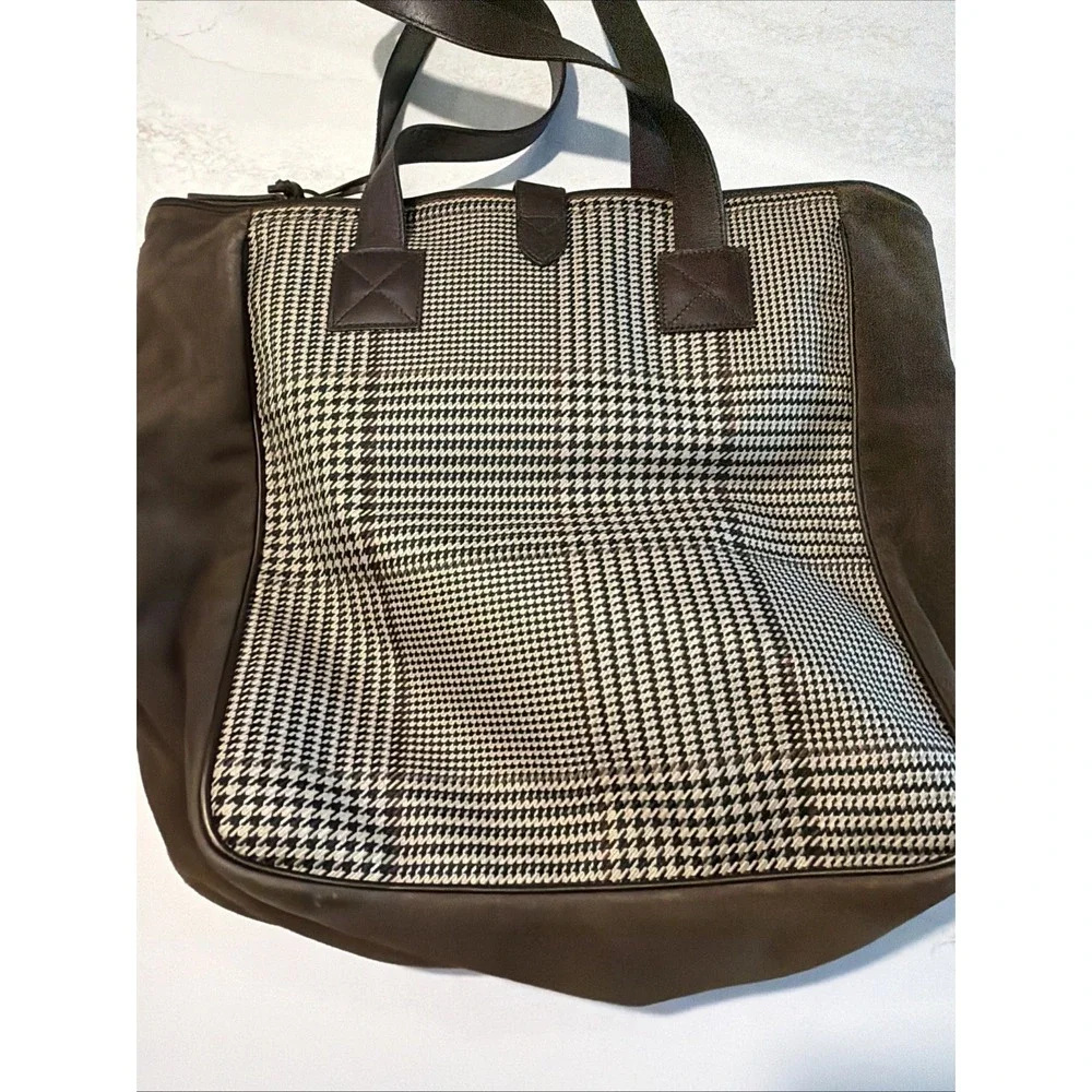 Ralph Lauren Herringbone Plaid Suede Tote Bag Large Brown Leather Handles Laptop